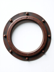 Poster - A Small Round Metal Porthole Window From A Rusted Old Ship Is Isolated Against A Clean White Background. 00001