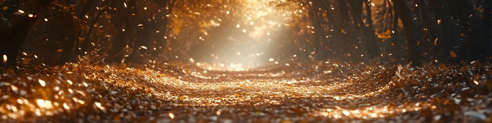 Poster - Wide shot of Kamikochis forest trails framed by golden autumn leaves, with sunlight creating dynamic patterns on the ground, in 4K resolution