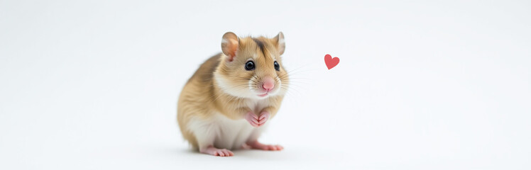 Poster - A Small Hamster Sits Alone On A White Background With Its Fur Prominently Displaying A Bright Red Heart Symbol. 00003