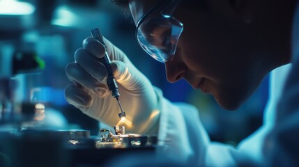 Poster - Electronics engineer wearing safety glasses and gloves, soldering a circuit board in a modern laboratory, using a soldering iron, concentrating on his work in a high tech environment