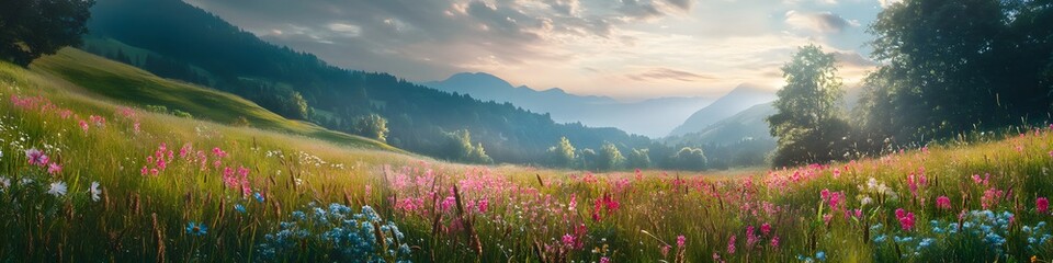 Poster - Panoramic view of Kamikochis lush meadows glowing under soft morning light, with vibrant wildflowers adding color to the scene, in 4K resolution