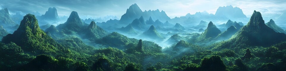 Poster - Panoramic view of the lush green forest stretching beneath the Avatar Hallelujah Mountains, with jagged peaks glowing under soft light, in 4K resolution