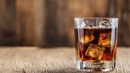 Poster - Glass of Whiskey with Ice on Rustic Wooden Table Capturing Elegance and Warmth : Generative AI