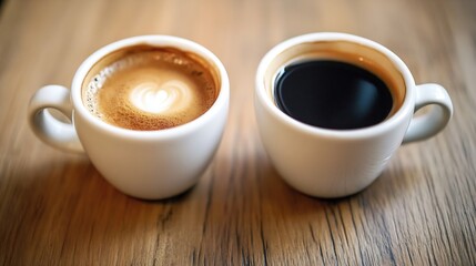 Poster - Two Artisan Coffee Cups with Heart Latte Art on Wooden Table : Generative AI