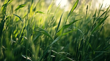 Poster - Green Grass Blades in Gentle Breeze with Soft Light and Shadows : Generative AI