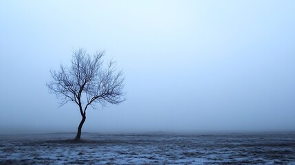 Poster - Lonely Bare Tree in Misty Winter Field at Dusk Captivates Minimalist Serenity and Isolation : Generative AI