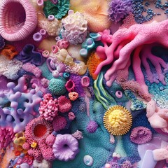 Poster - Vibrant bacterial forms and textures create an intricate underwater like landscape filled with colors and shapes. Generative AI