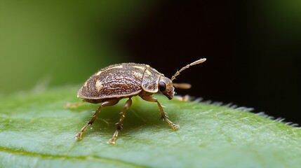 Poster - Macro Closeup of a Brown Beetle on Green Leaf Nature Background : Generative AI