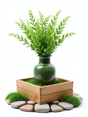 Poster - A Simple Wooden Box Holds A Vase Of Decorative Green Sisal Surrounded By A Meandering Stone Path Isolated On White. 00001