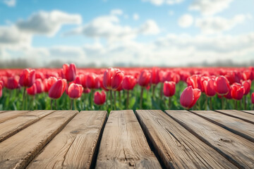 Wall Mural - Wooden top table with tulips field in background