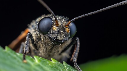 Poster - Macro Closeup of Black Insect with Prominent Eyes on Leaf : Generative AI