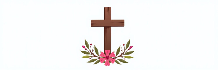 Aufkleber - A Simple Graphic Featuring A Christian Cross Surrounded By Flowers, Isolated On A White Background For A Clean Design Look. 00001