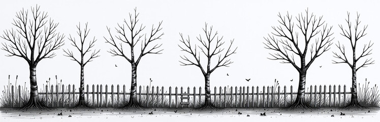 Aufkleber - A Simple Fence Is Constructed From Young Birch Trees In A Striking Black And White Color Scheme. 00003