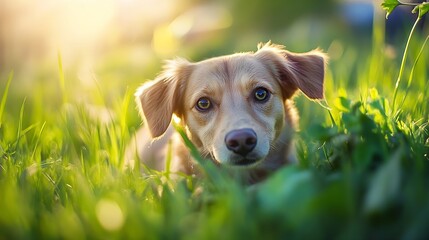 Aufkleber - Golden Hour Dog Portrait in Lush Green Field with Sunlight : Generative AI