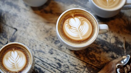 Poster - Artistic Latte Art in Ceramic Cup on Rustic Wooden Table : Generative AI