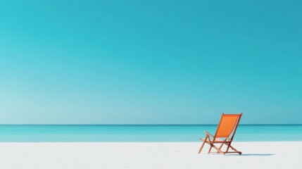 Aufkleber - Minimalist image depicting a wooden deck chair with orange fabric on a white sand beach facing a calm turquoise sea under a clear blue sky, creating a perfect vacation setting