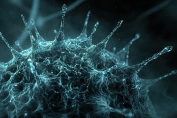 Poster - Detailed 3D visualization reveals intricate structure of a virus with capsid, spikes, and glowing molecular components. Generative AI