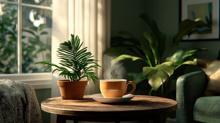 Wall Mural - Cozy Living Room with Coffee and Potted Plant on Wooden Table