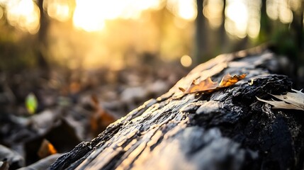 Fototapete - Close up of sunlit log with autumn leaves in a serene forest during golden hour : Generative AI
