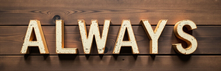 Poster - A Set Of Distressed Wooden Letters Sits Atop A Warm Brown Wooden Background, Evoking A Sense Of Nostalgia And Classic Charm Always. 00001