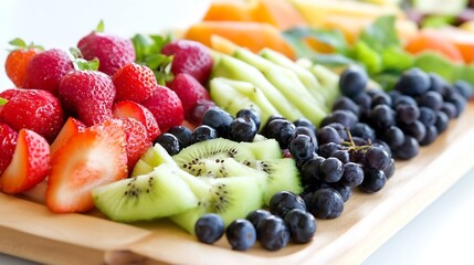 Poster - Fresh colorful fruit platter with strawberries kiwis blueberries in vibrant healthy arrangement : Generative AI
