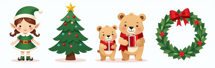 Aufkleber - A Set Of Christmas Illustrations Features An Elf Girl, A Tree, Bears With Gifts, And A Wreath Isolated Against A White Background. 00002