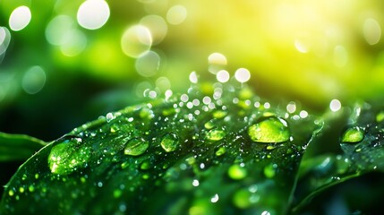 Aufkleber - Macro Shot of Dew Droplets on Fresh Green Leaves in Sunlit Nature Setting : Generative AI