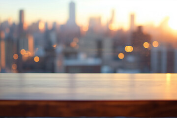 A wooden top table with night cityscape in background