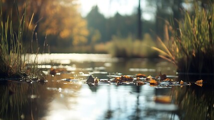 Aufkleber - Serene Autumn Lake Scene with Reflections of Fall Leaves and Tranquil Atmosphere : Generative AI
