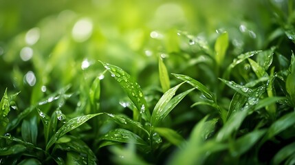 Poster - Close up of lush green foliage with dew drops on leaves in natural sunlight : Generative AI