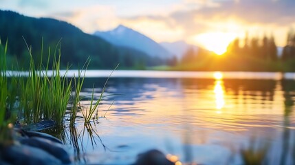 Poster - Tranquil Lake and Lush Forest at Sunrise with Mountains in Background : Generative AI