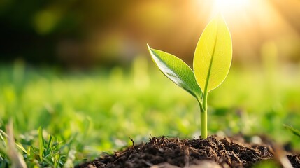 Poster - Young Plant Growing in Sunlit Soil Symbolizing New Beginnings and Sustainable Growth : Generative AI