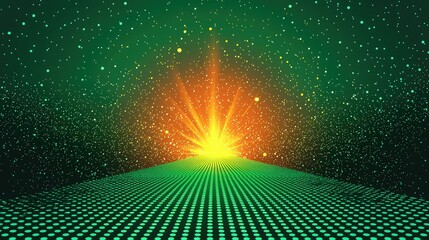 Poster - Abstract Green Landscape with Orange Sunset and Dots