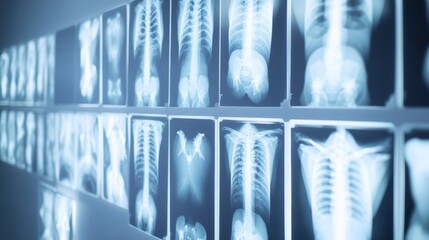 Poster - Many radiographs showing bones of different parts of human body are displayed on a light panel, creating an interesting pattern for medical studies and diagnosis