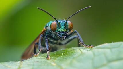 Poster - Macro Shot of a Metallic Green Wasp on a Leaf with Vibrant Antennae : Generative AI