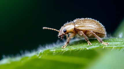 Poster - Macro Image of Small Brown Beetle Sitting on Leaf with Tiny Hairs and Glossy Shell : Generative AI