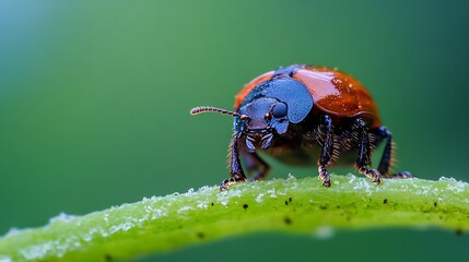 Poster - Macro Photograph of a Red Beetle with Dew on a Leaf in Lush Green Background : Generative AI