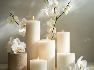 Canvas Print - Elegant arrangement of white candles and orchids creating a serene atmosphere in a softly lit room