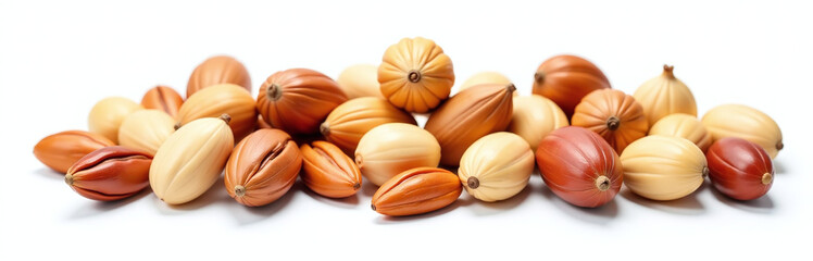 Poster - A Selection Of Various Mixed Nuts Isolated Against A Plain White Background To Showcase Their Texture And Composition Clearly. 00002