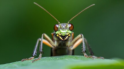 Poster - Closeup of a Large Green Grasshopper on a Leaf in Natural Habitat : Generative AI