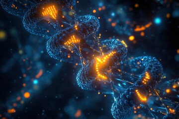 Poster - Detailed 3D visualization of virus structure featuring glowing molecular elements and RNA strands with prominent capsid and spikes. Generative AI