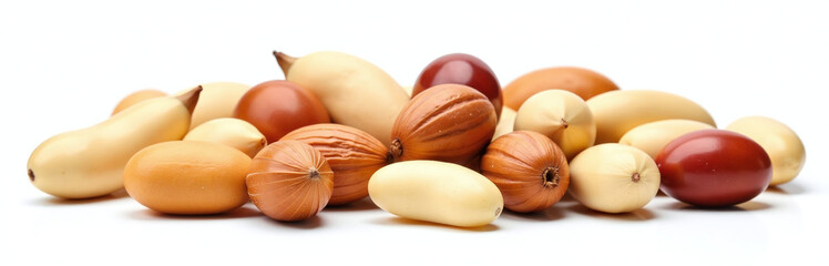 Poster - A Selection Of Various Mixed Nuts Isolated Against A Plain White Background To Showcase Their Texture And Composition Clearly. 00001