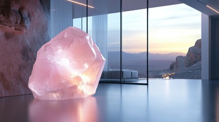 Wall Mural - Extraordinary pink crystal featured in a modern living space overlooking a breathtaking sunset over rocky hills