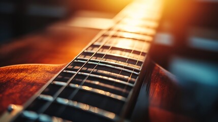 Aufkleber - Closeup of acoustic guitar strings and fretboard glowing in golden sunlight : Generative AI