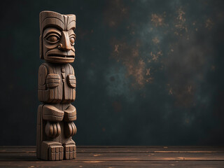 Poster - A Rustic Wooden Totem Pole Stands Prominently On A Dark Grunge Background, Leaving Ample Space For Text And Design Overlays. 00003