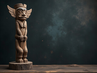 Poster - A Rustic Wooden Totem Pole Stands Prominently On A Dark Grunge Background, Leaving Ample Space For Text And Design Overlays. 00001