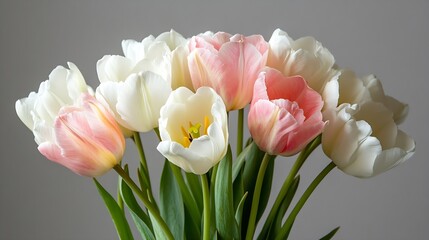 Poster - Delicate White and Pink Tulips in Bloom with Soft Petals and Gentle Green Stems : Generative AI