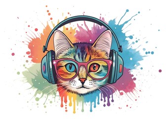  Colorful Cat with Headphones Glasses Watercolor Splash
