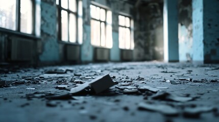 Aufkleber - Abandoned Building Interior with Dramatic Natural Light and Decaying Walls : Generative AI