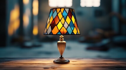 Wall Mural - Elegant stained glass lamp casts colorful light in a cozy, dimly lit room, enhancing the ambiance with a touch of vintage charm